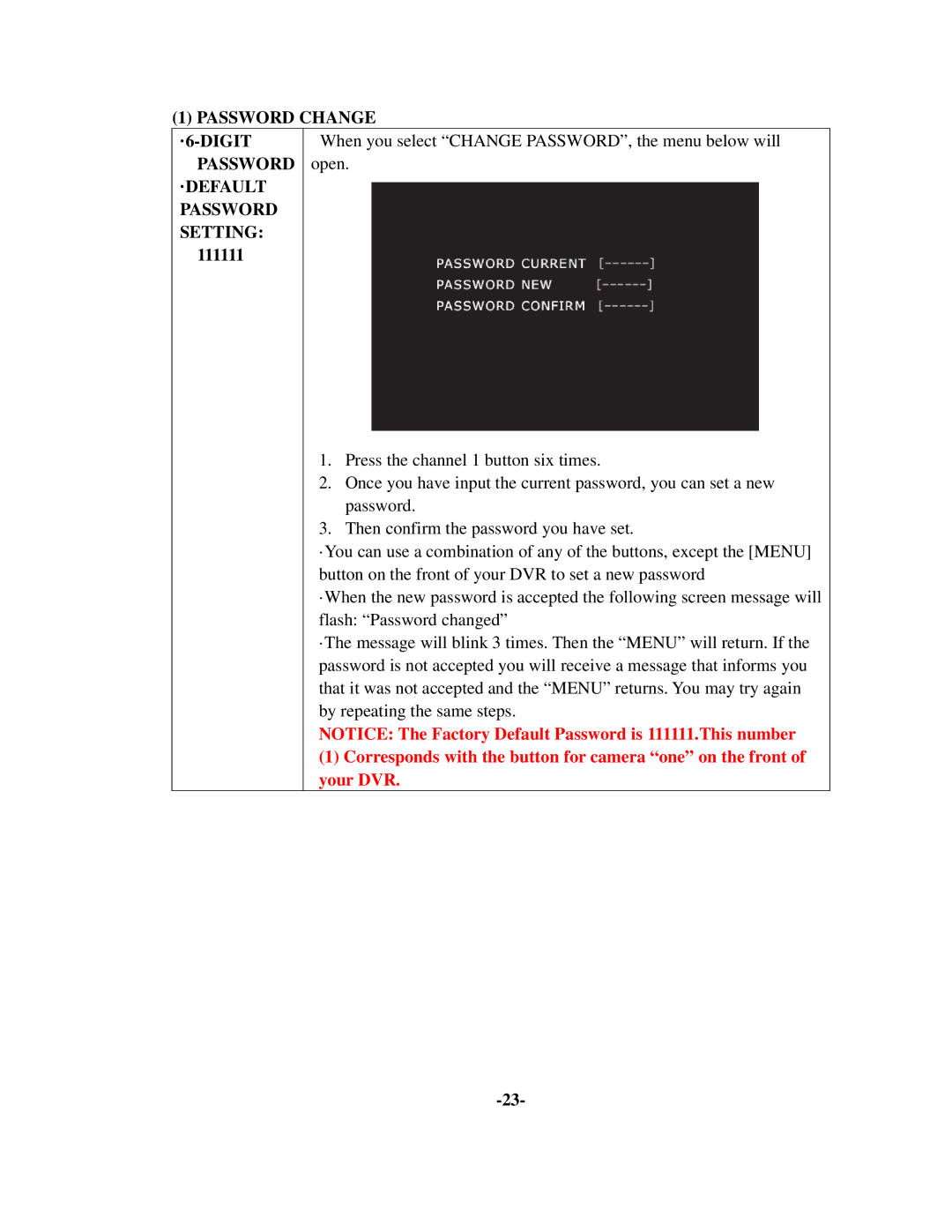 Q-See QSD6204 manual Password Change ·6-DIGIT Password ·DEFAULT Password Setting, 111111 