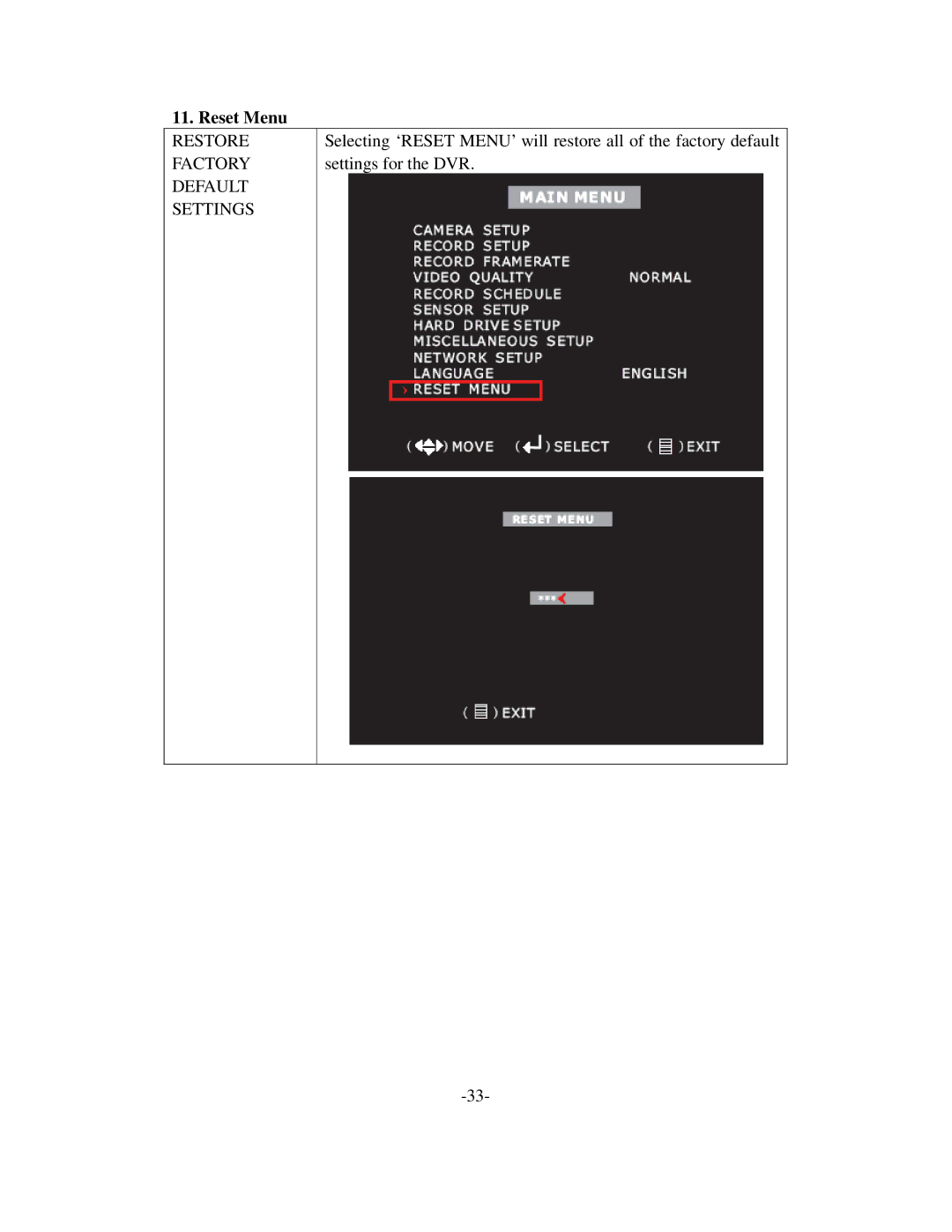 Q-See QSD6204 manual Reset Menu, Restore Factory Default Settings 