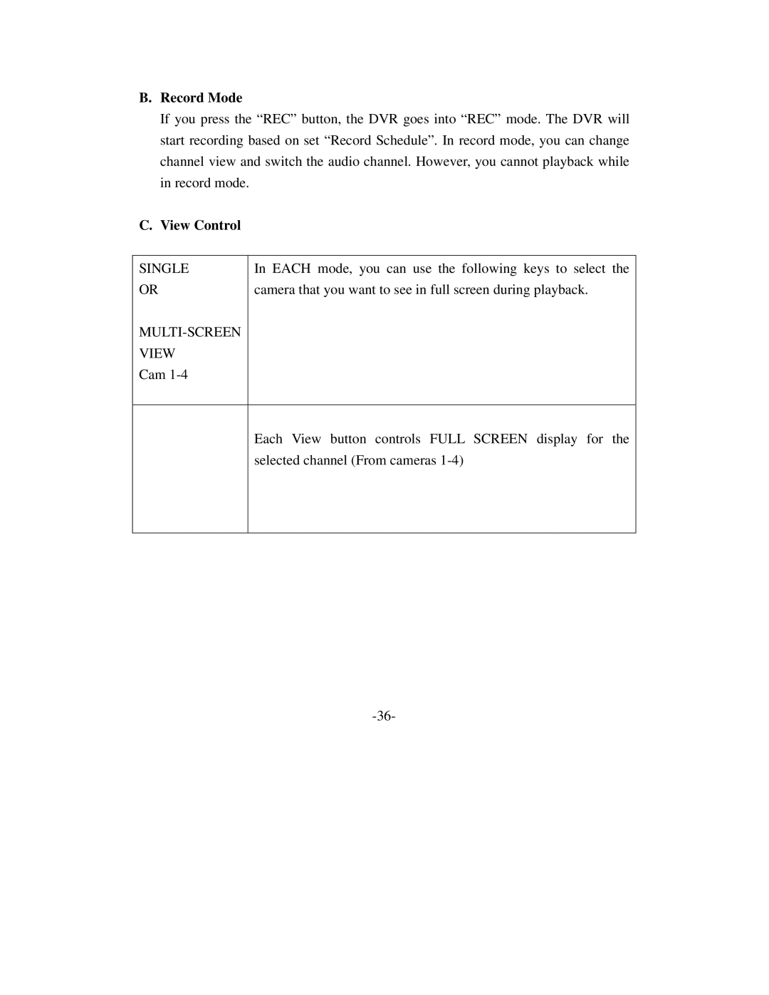 Q-See QSD6204 manual Record Mode, View Control, Single, MULTI-SCREEN View 