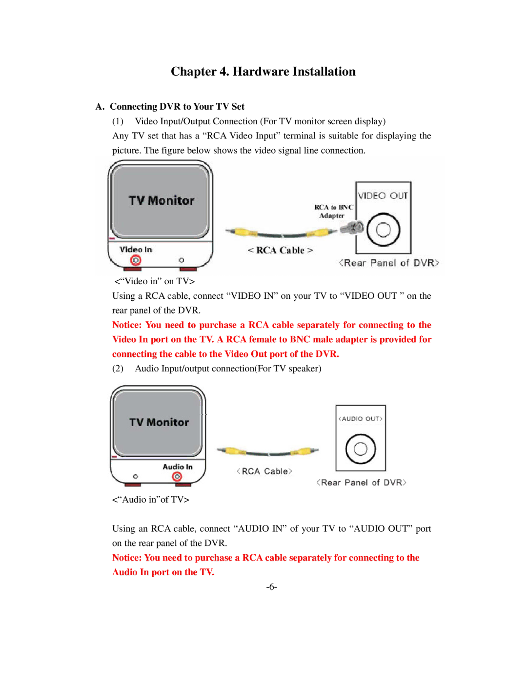 Q-See QSD6204 manual Hardware Installation, Connecting DVR to Your TV Set 