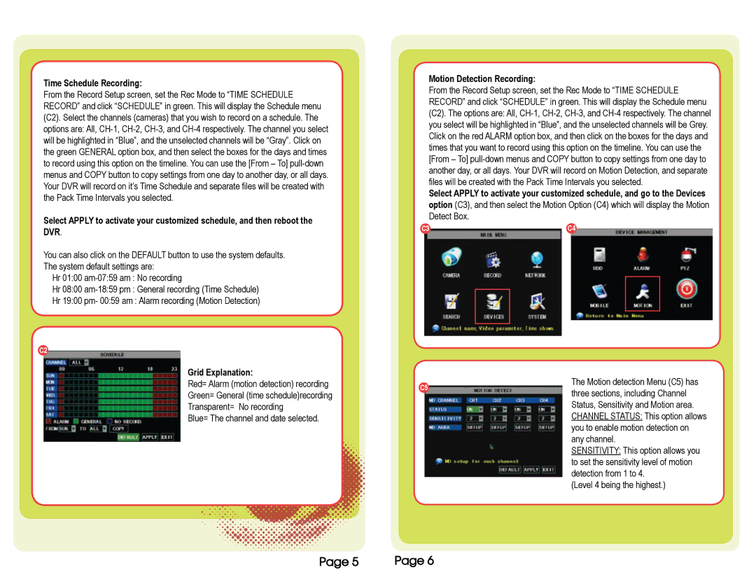 Q-See QSD9004CM manual Time Schedule Recording, Grid Explanation, Motion Detection Recording 