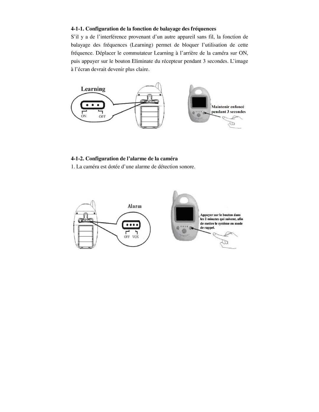 Q-See QSDB8209C manual Configuration de la fonction de balayage des fréquences, Configuration de l’alarme de la caméra 