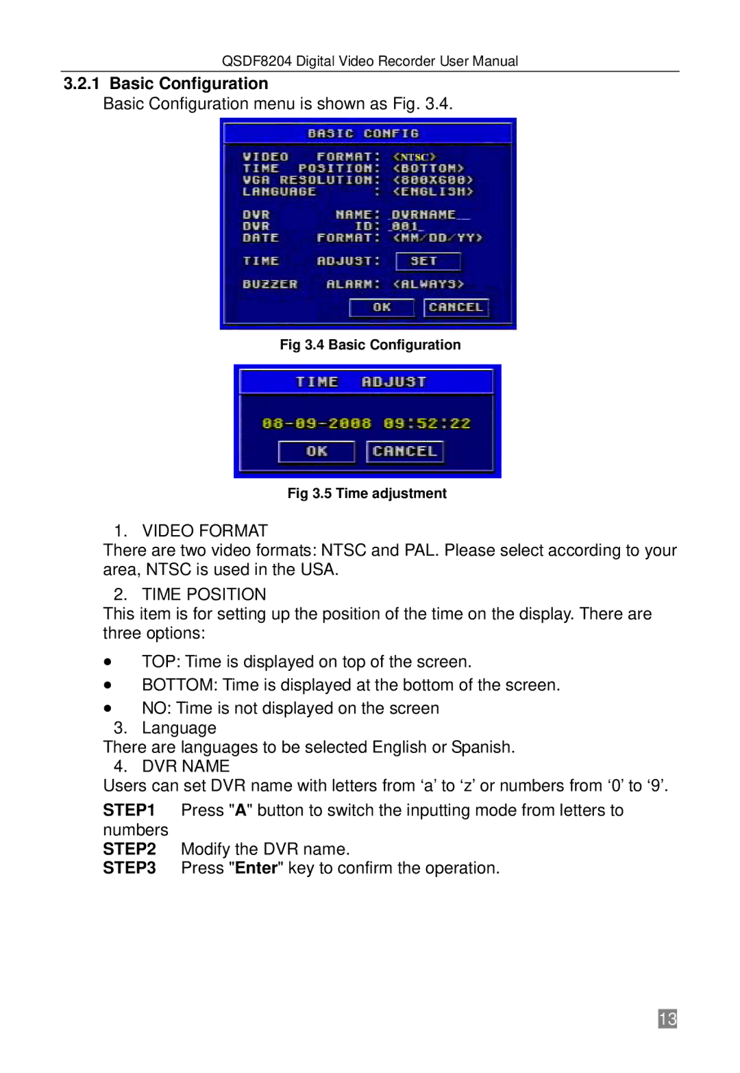 Q-See QSDF8204 user manual Basic Configuration, Video Format, Time Position 