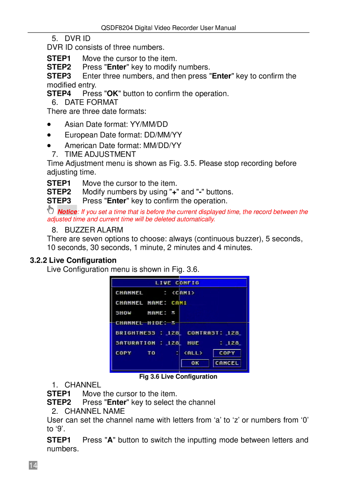 Q-See QSDF8204 user manual Live Configuration 