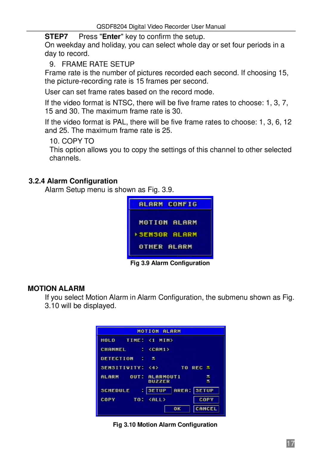 Q-See QSDF8204 user manual Frame Rate Setup, Copy to, Alarm Configuration, Motion Alarm 