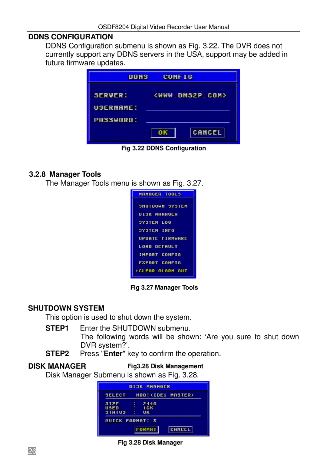 Q-See QSDF8204 user manual Ddns Configuration, Manager Tools, Shutdown System, Disk Manager 