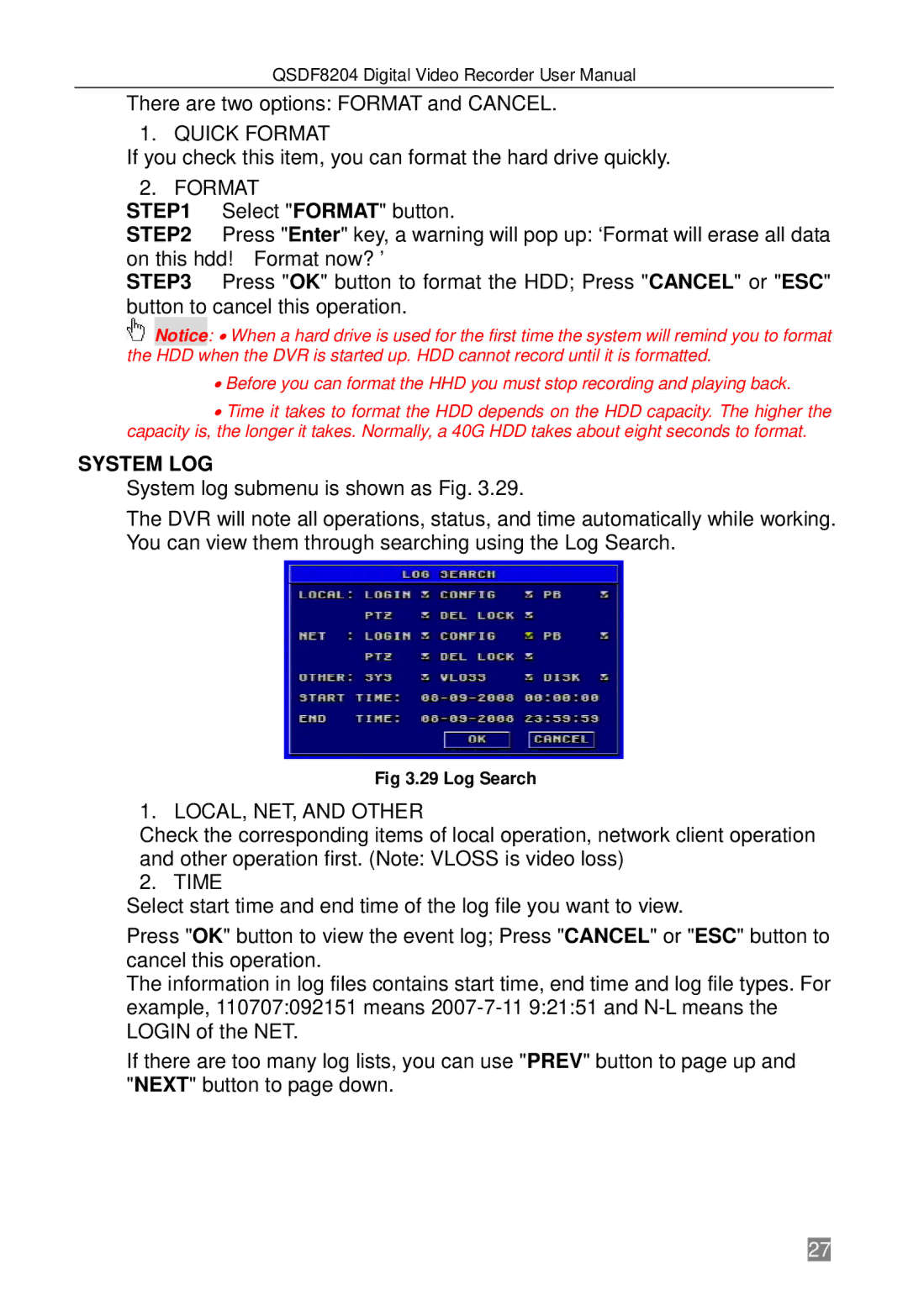 Q-See QSDF8204 user manual Quick Format, System LOG, LOCAL, NET, and Other, Time 