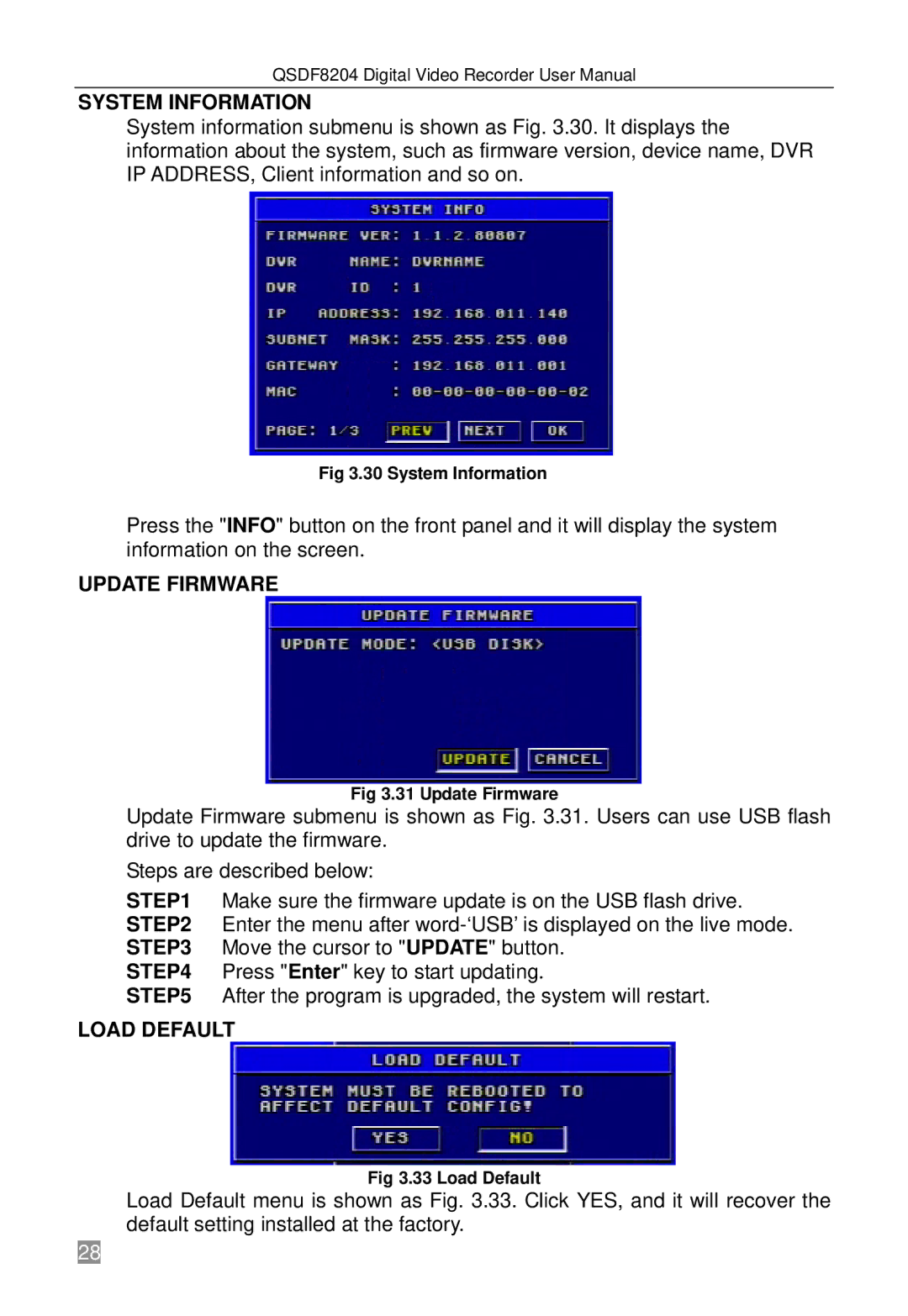 Q-See QSDF8204 user manual System Information, Update Firmware, Load Default 