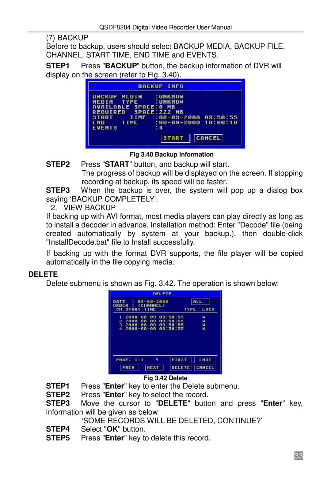 Q-See QSDF8204 user manual View Backup, Delete 