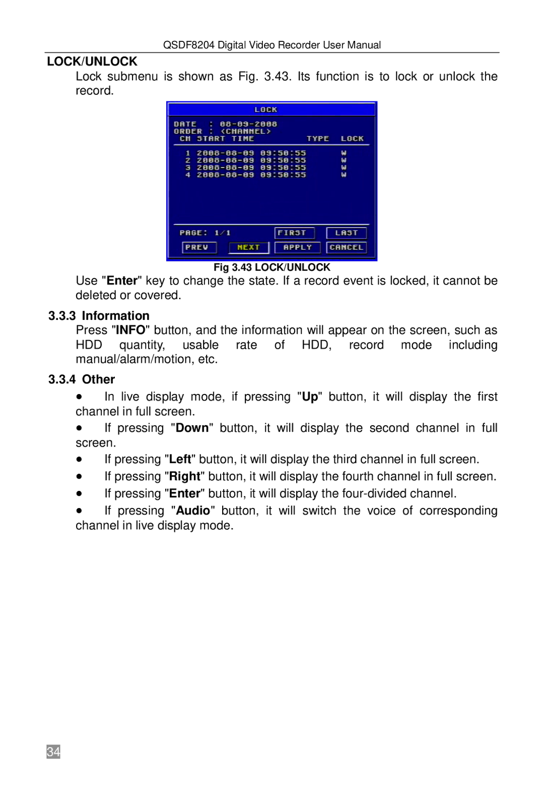 Q-See QSDF8204 user manual Lock/Unlock, Information, Other 