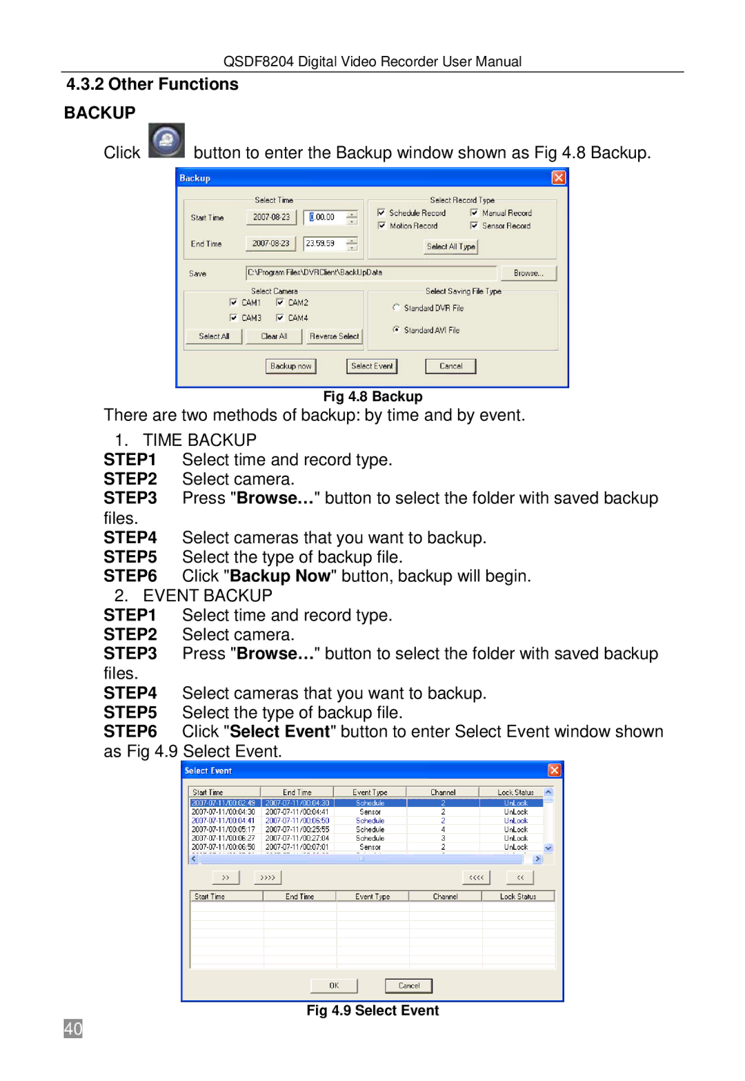 Q-See QSDF8204 user manual Other Functions, Time Backup, Event Backup 