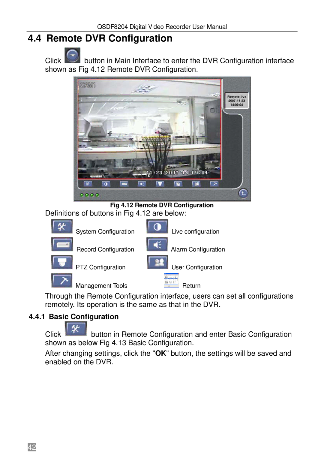 Q-See QSDF8204 user manual Remote DVR Configuration, Definitions of buttons in .12 are below 