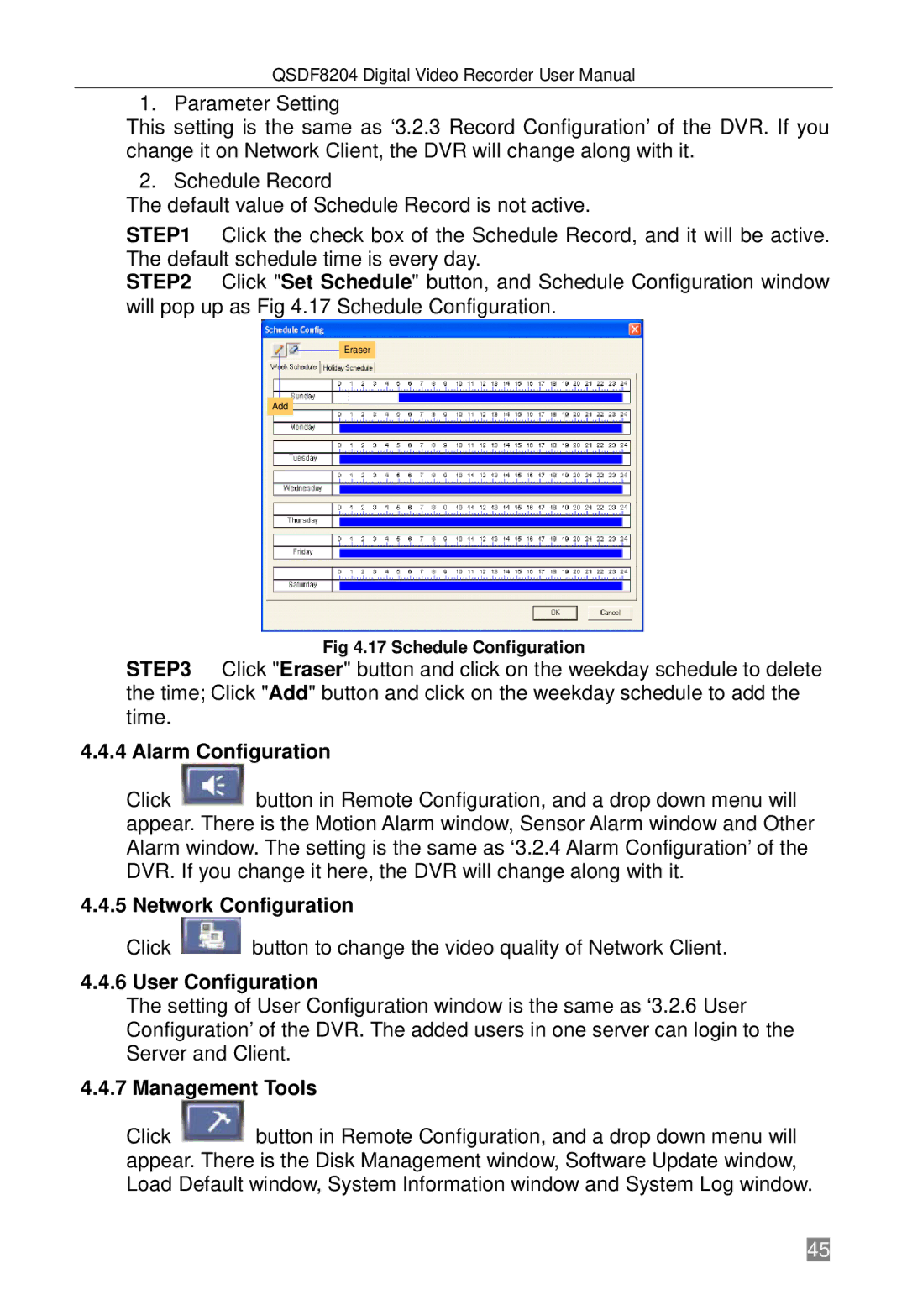 Q-See QSDF8204 user manual Alarm Configuration, Management Tools 