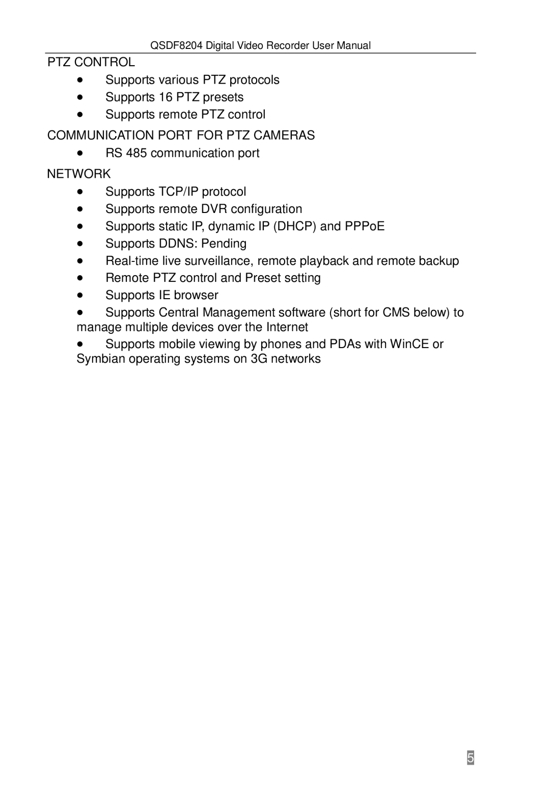 Q-See QSDF8204 user manual PTZ Control, Communication Port for PTZ Cameras, Network 