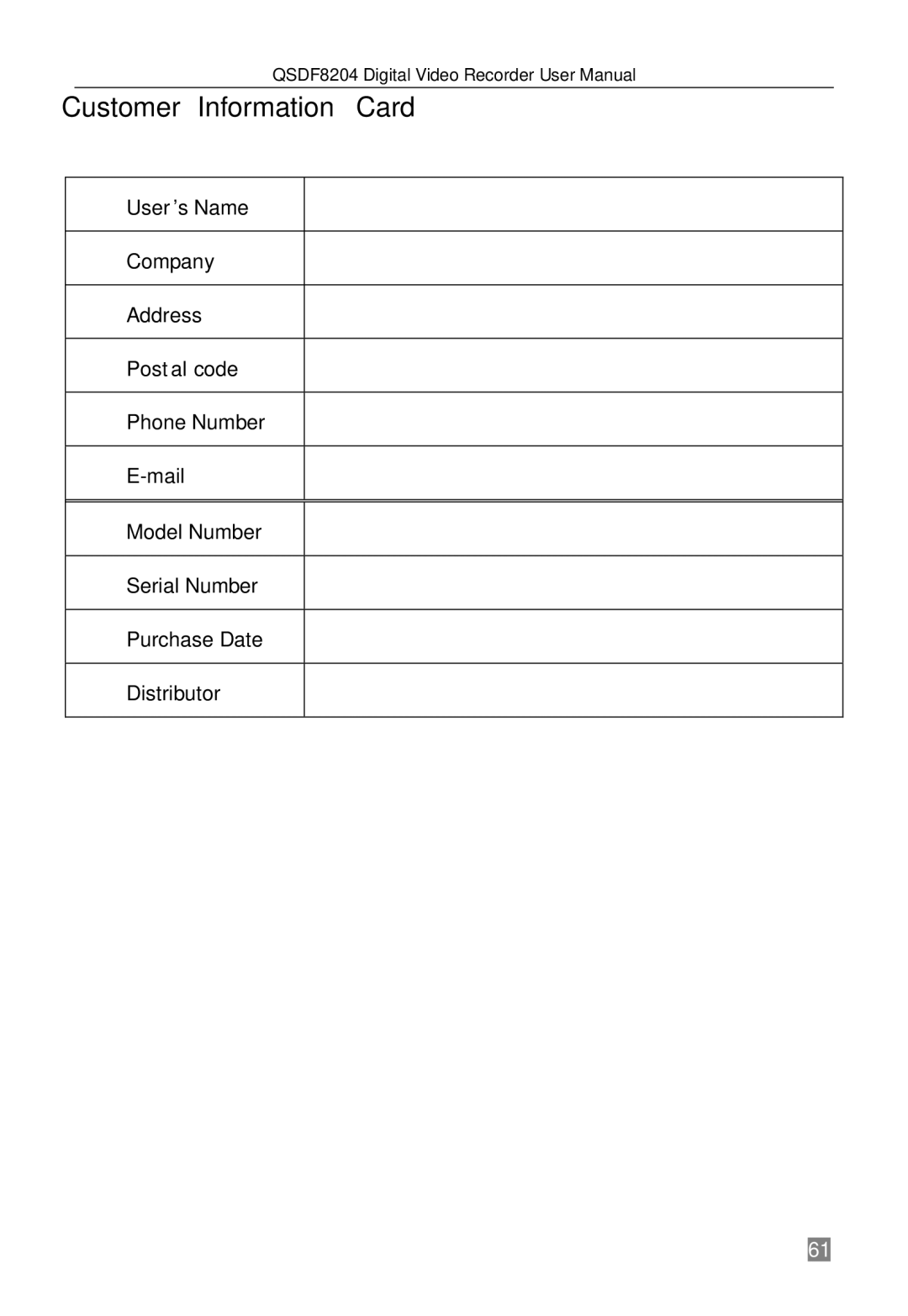 Q-See QSDF8204 user manual Customer Information Card 