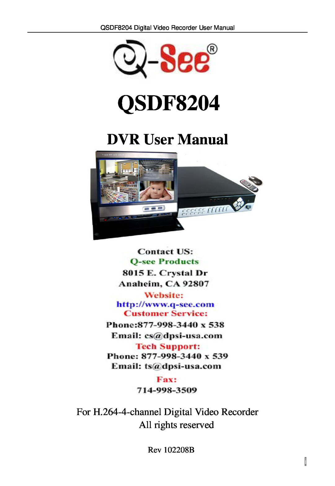 Q-See QSDF8204 user manual DVR User Manual, Rev 102208B 