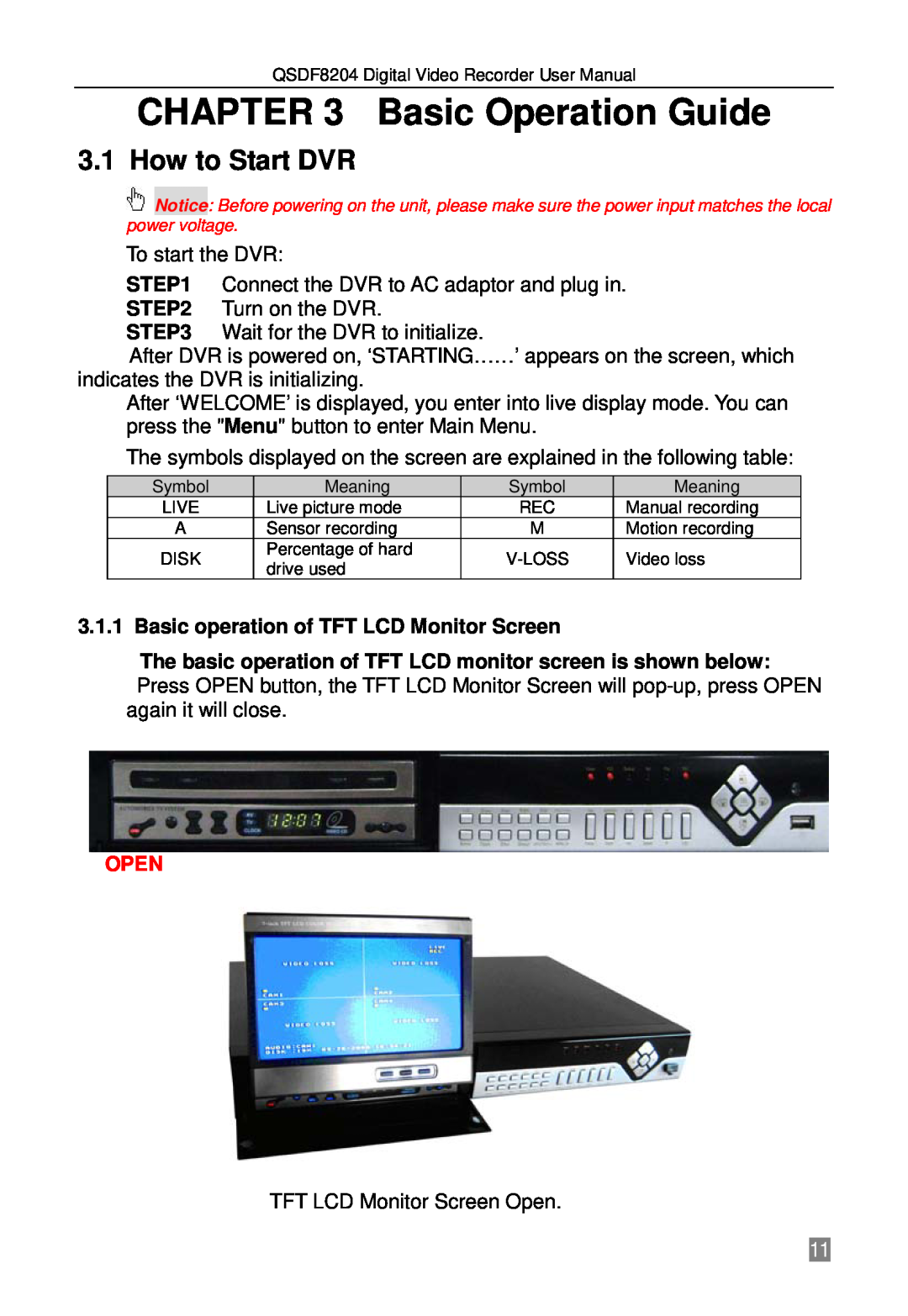 Q-See QSDF8204 user manual Basic Operation Guide, How to Start DVR, Basic operation of TFT LCD Monitor Screen, Open 