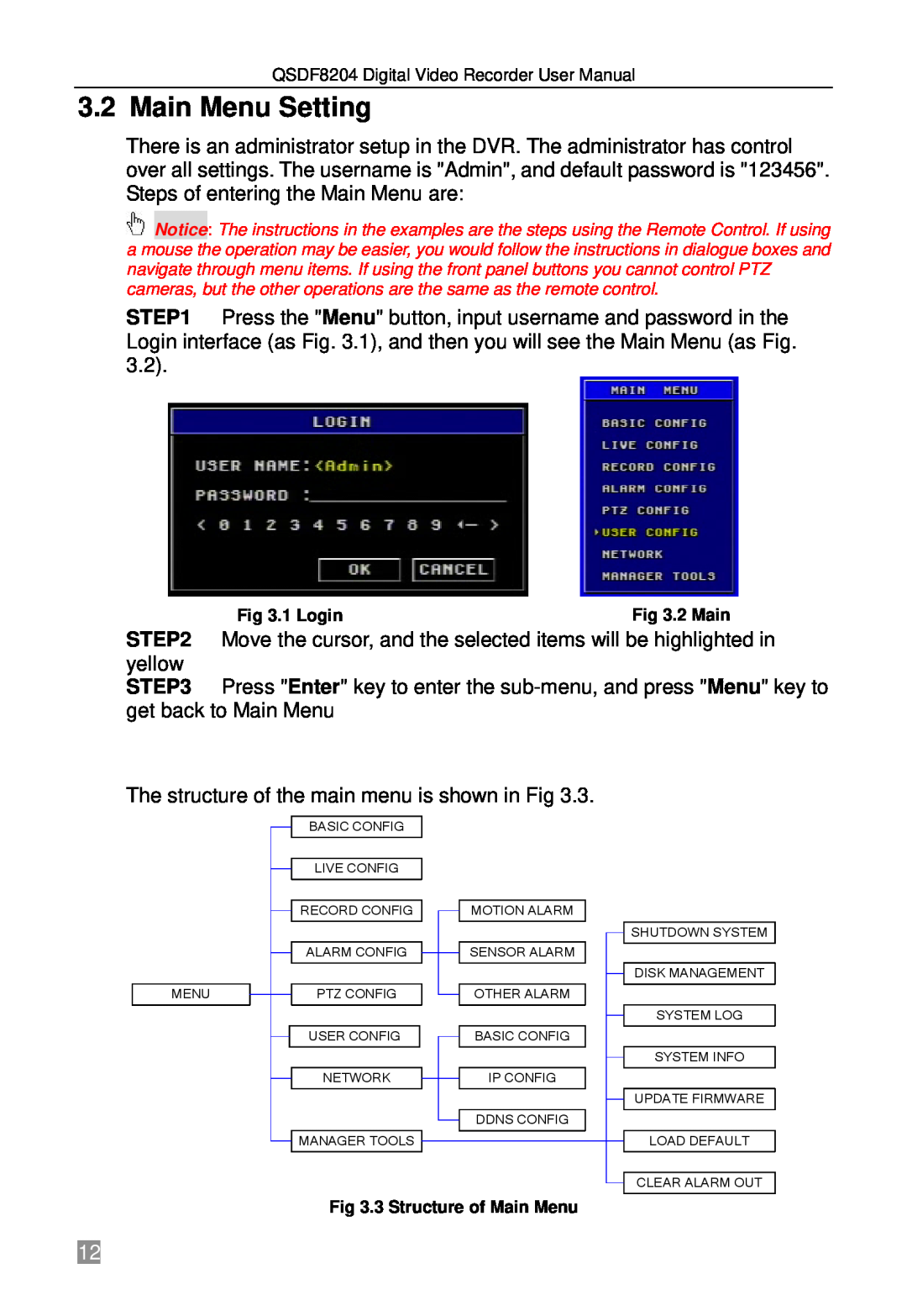 Q-See QSDF8204 user manual Main Menu Setting 