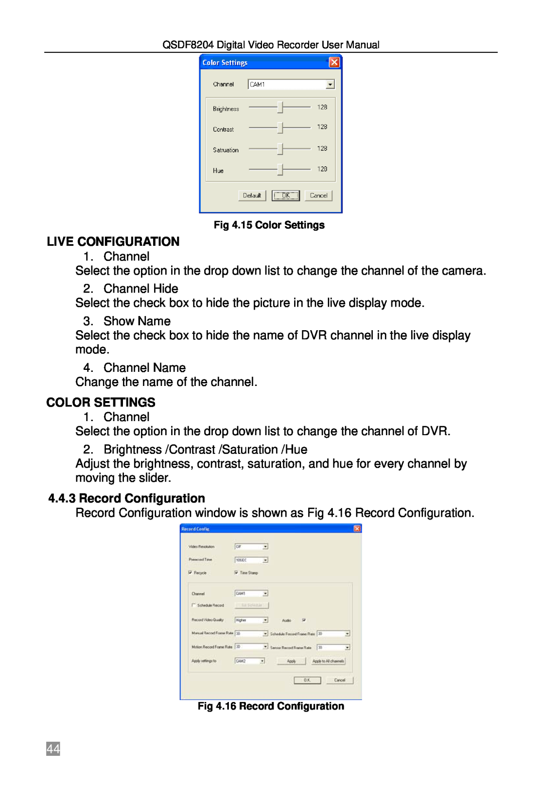 Q-See QSDF8204 user manual Live Configuration, Color Settings, Record Configuration 