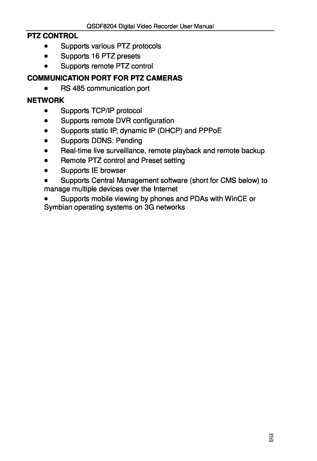 Q-See QSDF8204 user manual Ptz Control, Communication Port For Ptz Cameras, Network 