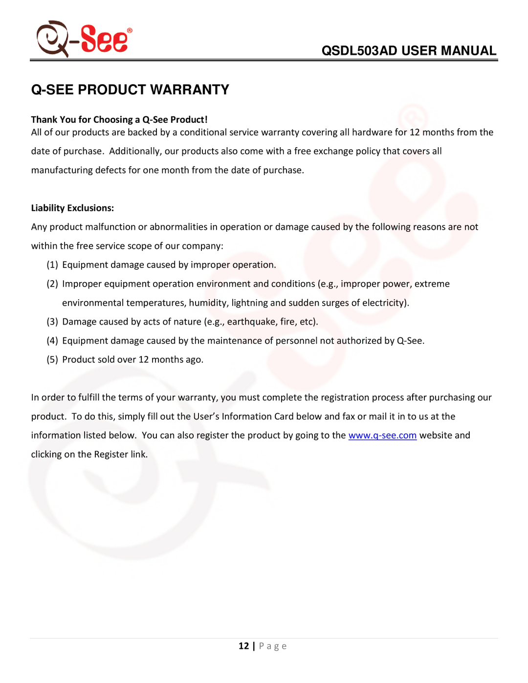 Q-See QSDL503AD user manual See Product Warranty 