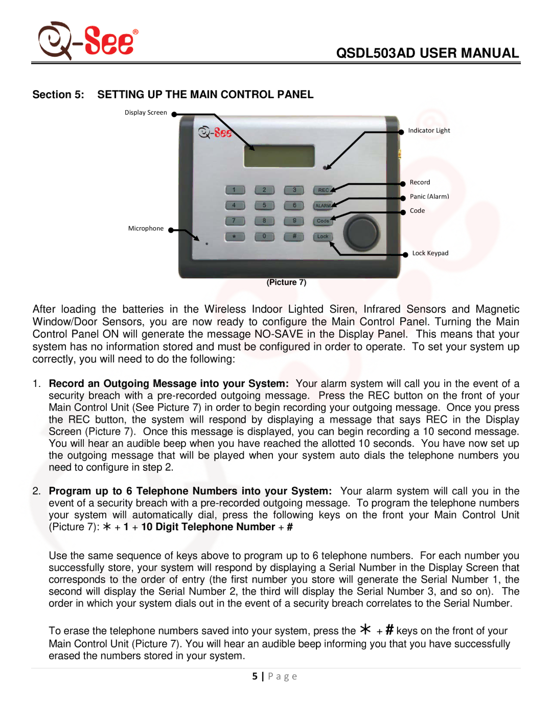 Q-See QSDL503AD user manual Setting UP the Main Control Panel 