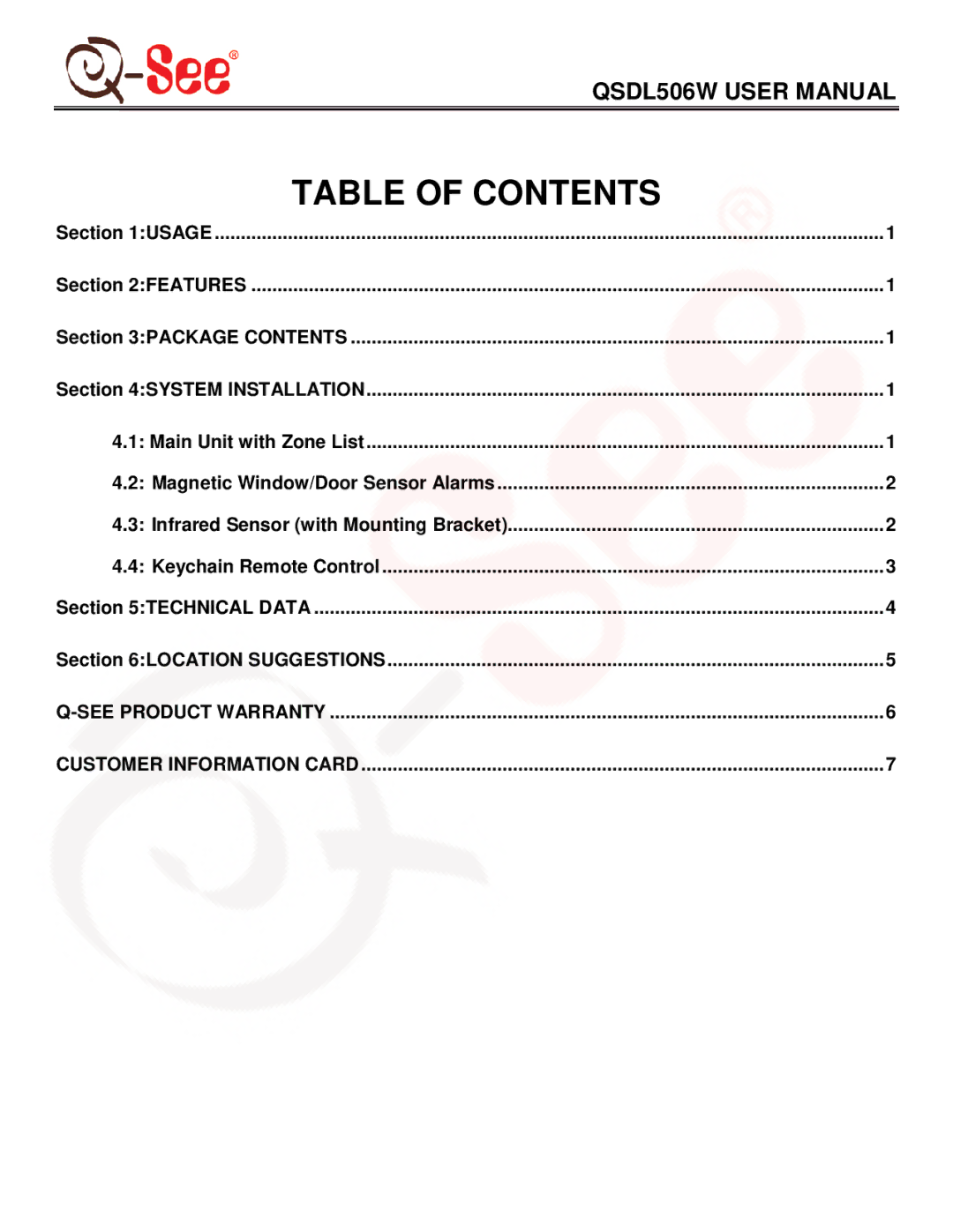 Q-See QSDL506W user manual Table of Contents 