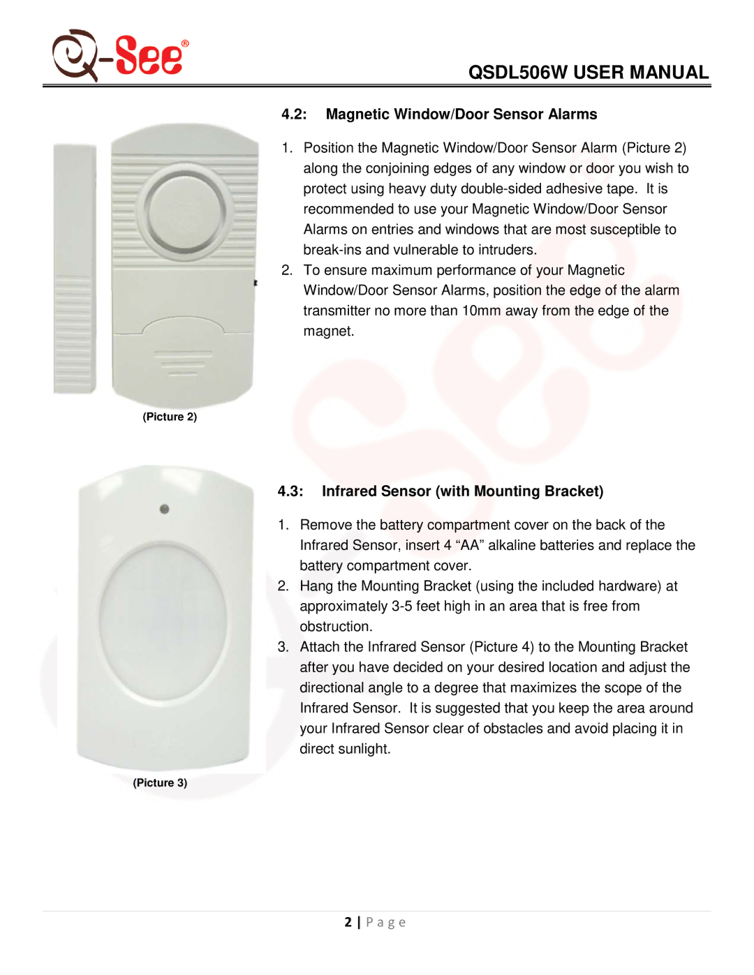 Q-See QSDL506W user manual Magnetic Window/Door Sensor Alarms 