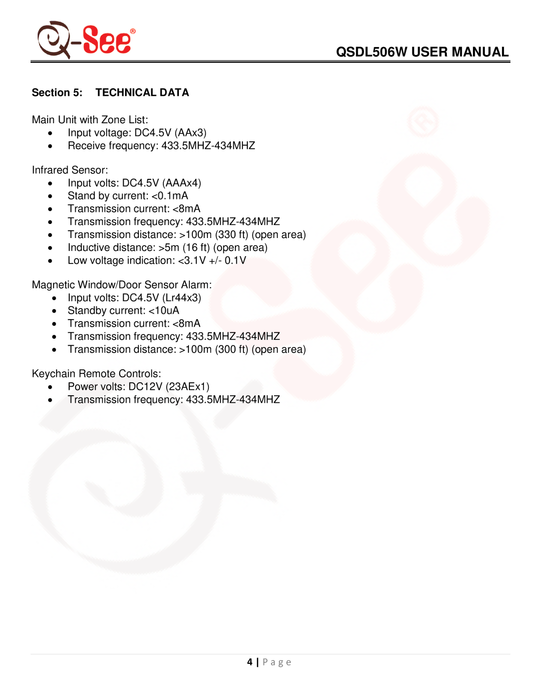 Q-See QSDL506W user manual Technical Data 