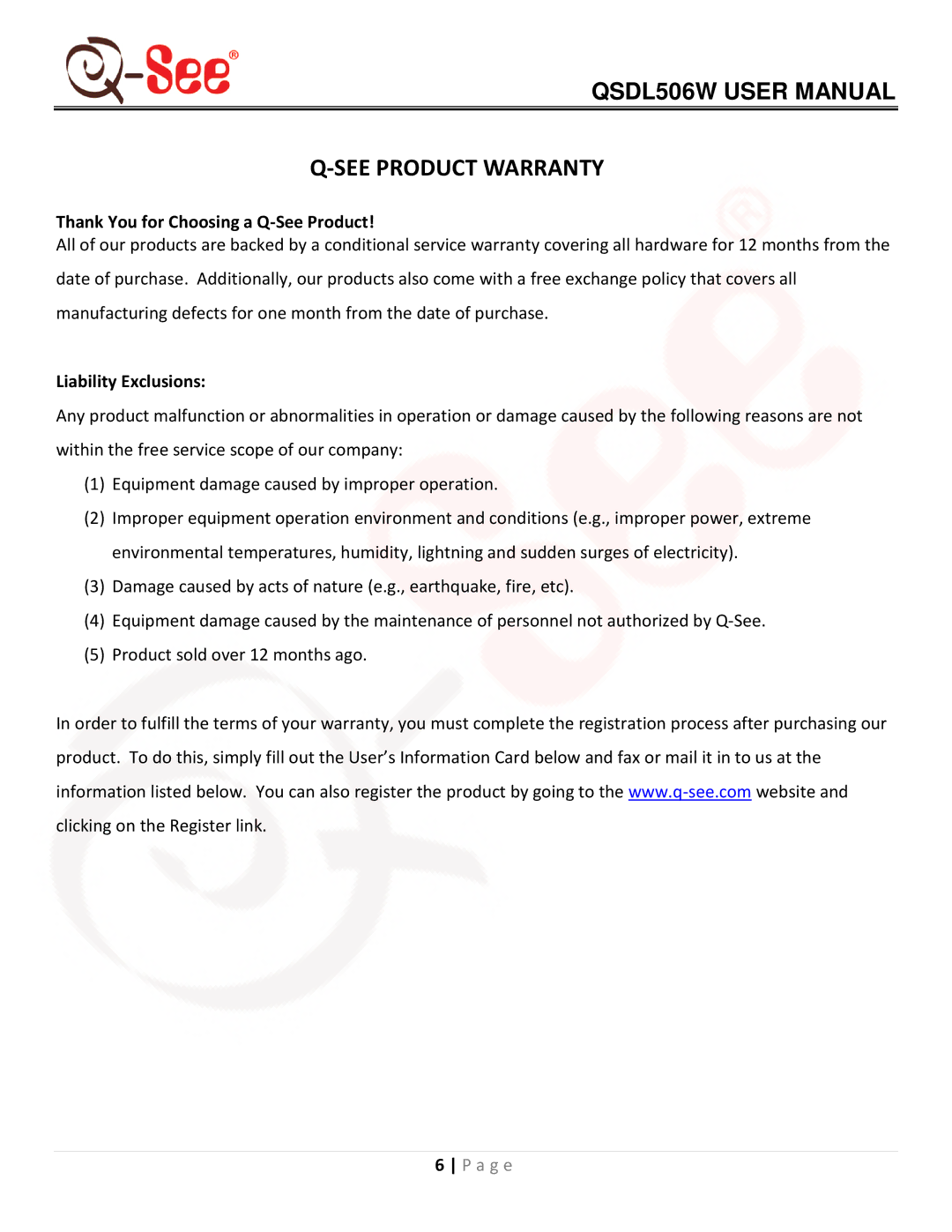 Q-See QSDL506W user manual See Product Warranty 