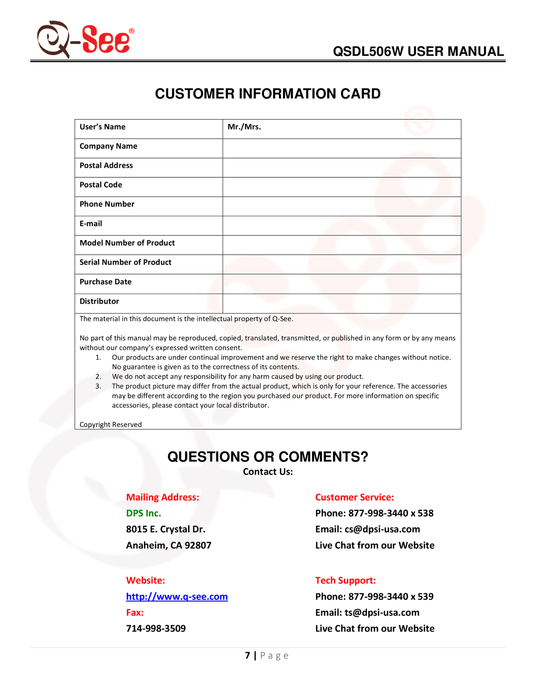 Q-See QSDL506W user manual Customer Information Card 