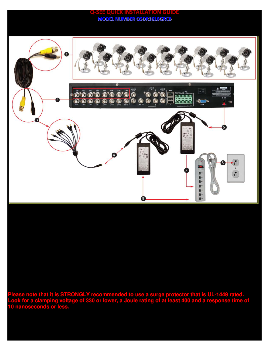 Q-See qsdr1616grcb manual PART 2 - DVR CAMERA AND POWER CONNECTIONS, P a g e, Q-See Quick Installation Guide 
