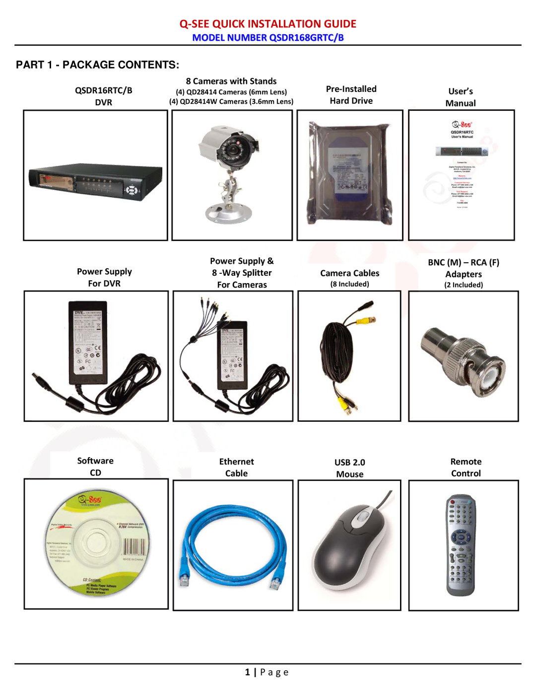 Q-See QSDR16RTC/B manual See Quick Installation Guide, Part 1 Package Contents 