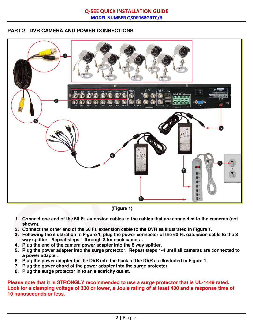 Q-See QSDR16RTC/B manual Part 2 DVR Camera and Power Connections 