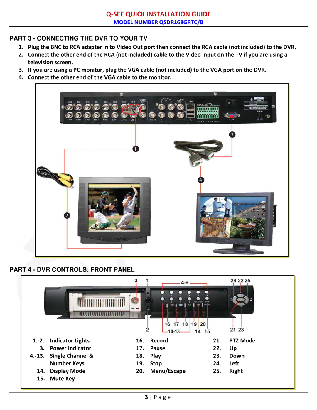 Q-See QSDR16RTC/B manual Part 3 Connecting the DVR to Your TV, Part 4 DVR Controls Front Panel 