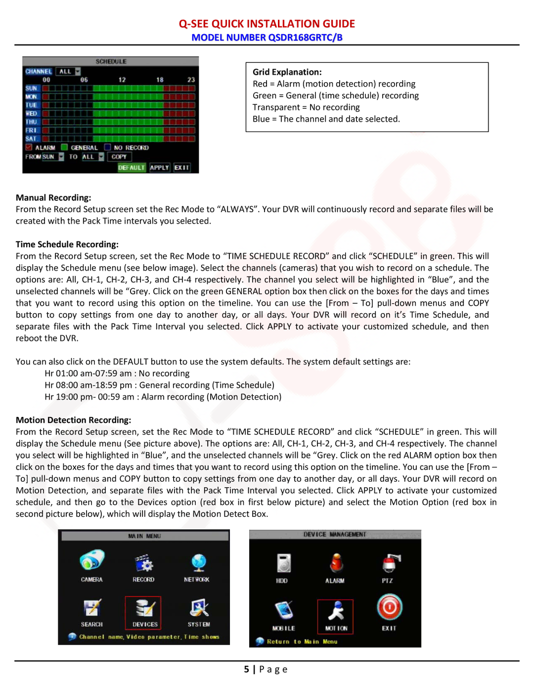 Q-See QSDR16RTC/B manual Grid Explanation, Manual Recording, Time Schedule Recording, Motion Detection Recording 