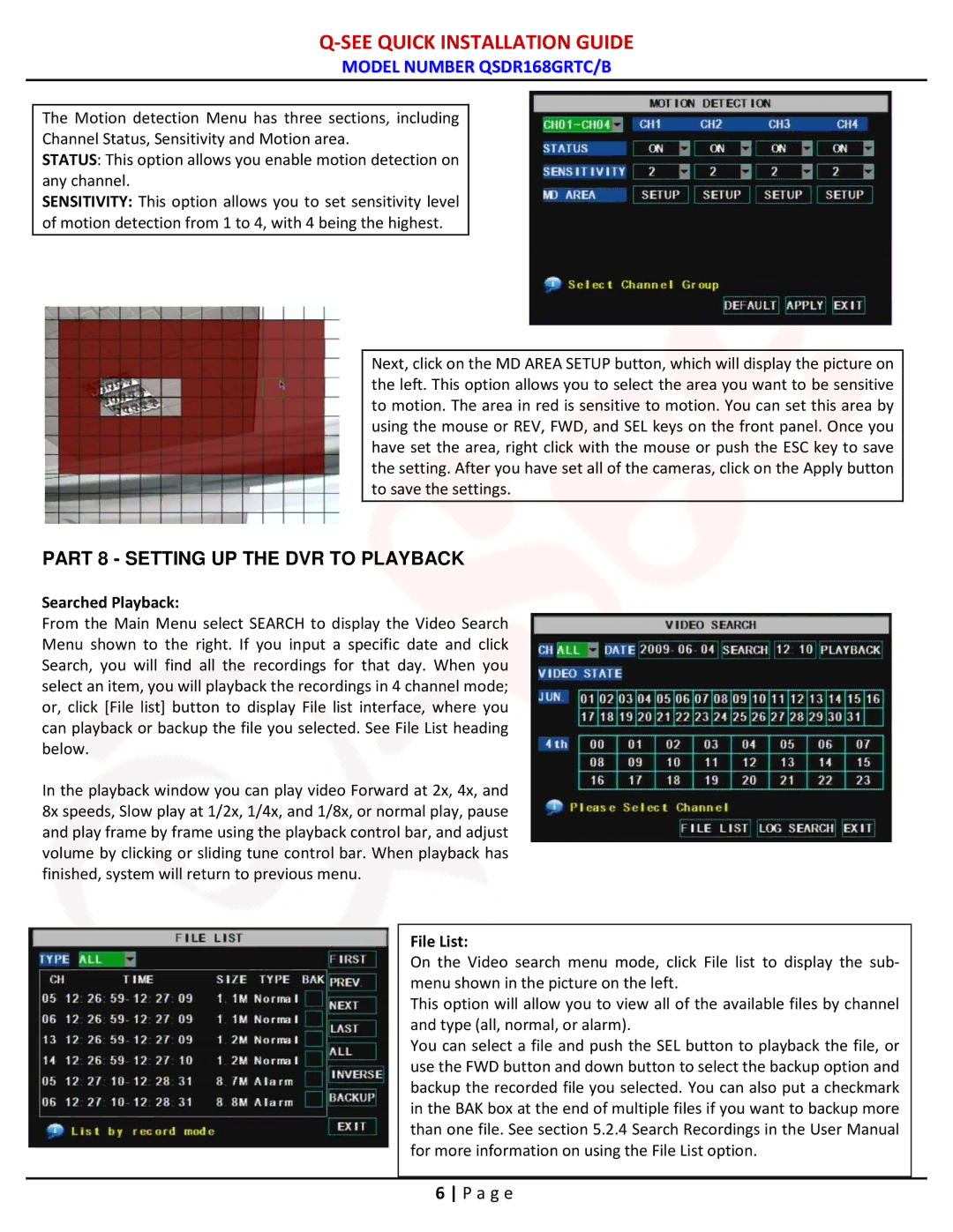 Q-See QSDR16RTC/B manual Part 8 Setting UP the DVR to Playback, Searched Playback, File List 