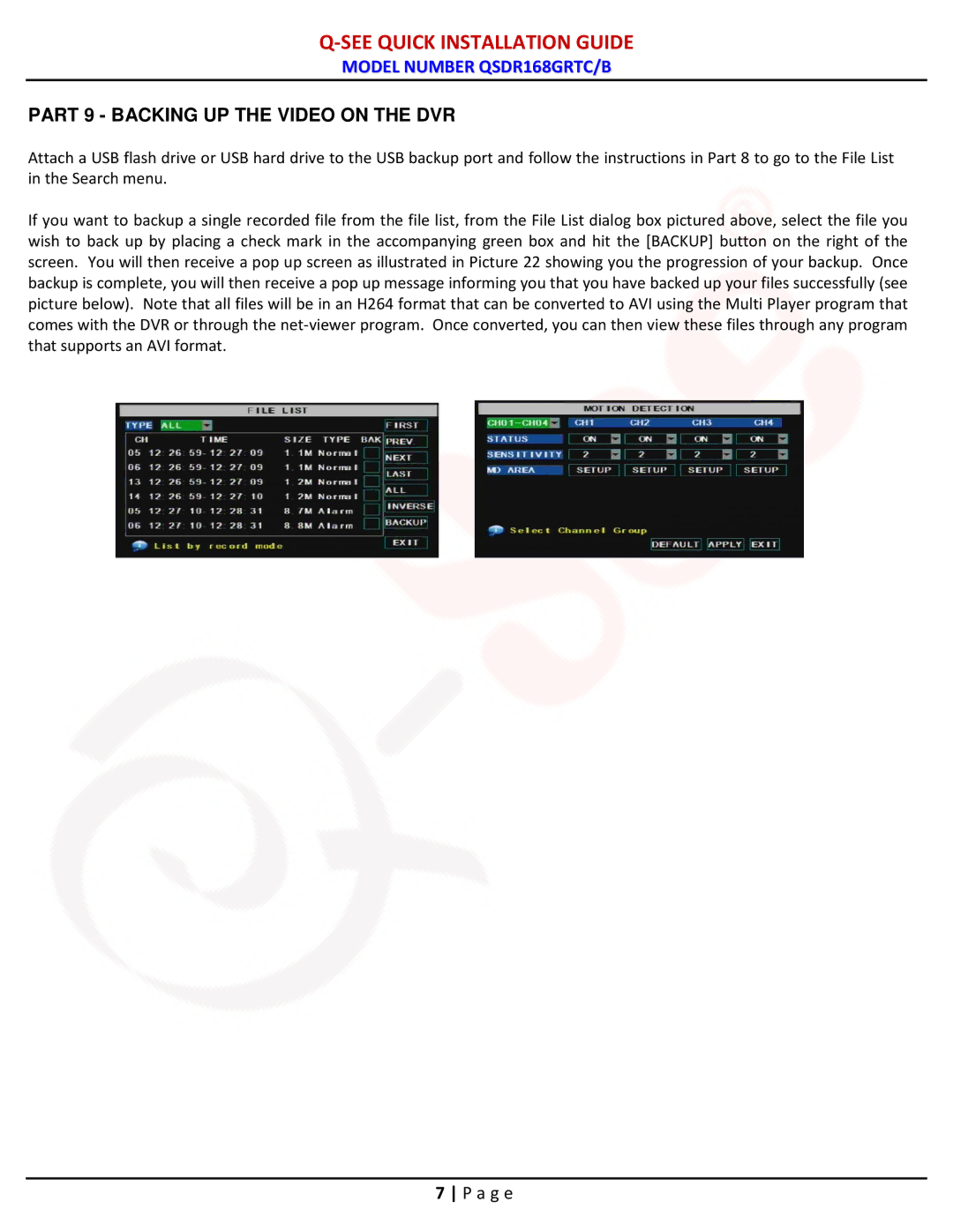 Q-See QSDR16RTC/B manual Part 9 Backing UP the Video on the DVR 