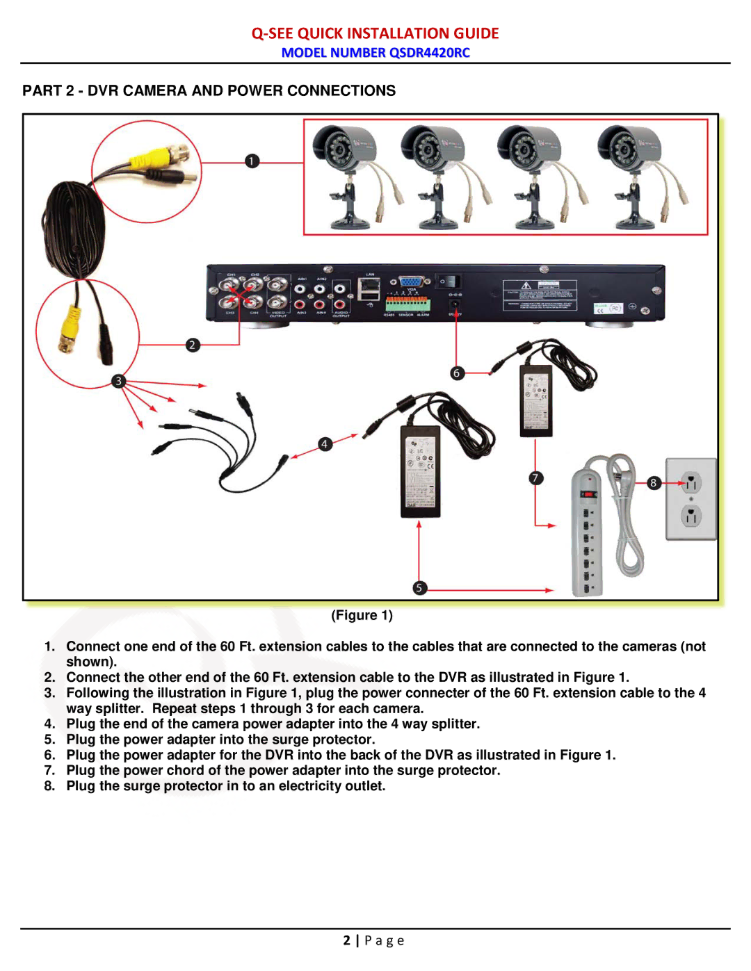 Q-See QSDR4420RC manual Part 2 DVR Camera and Power Connections 