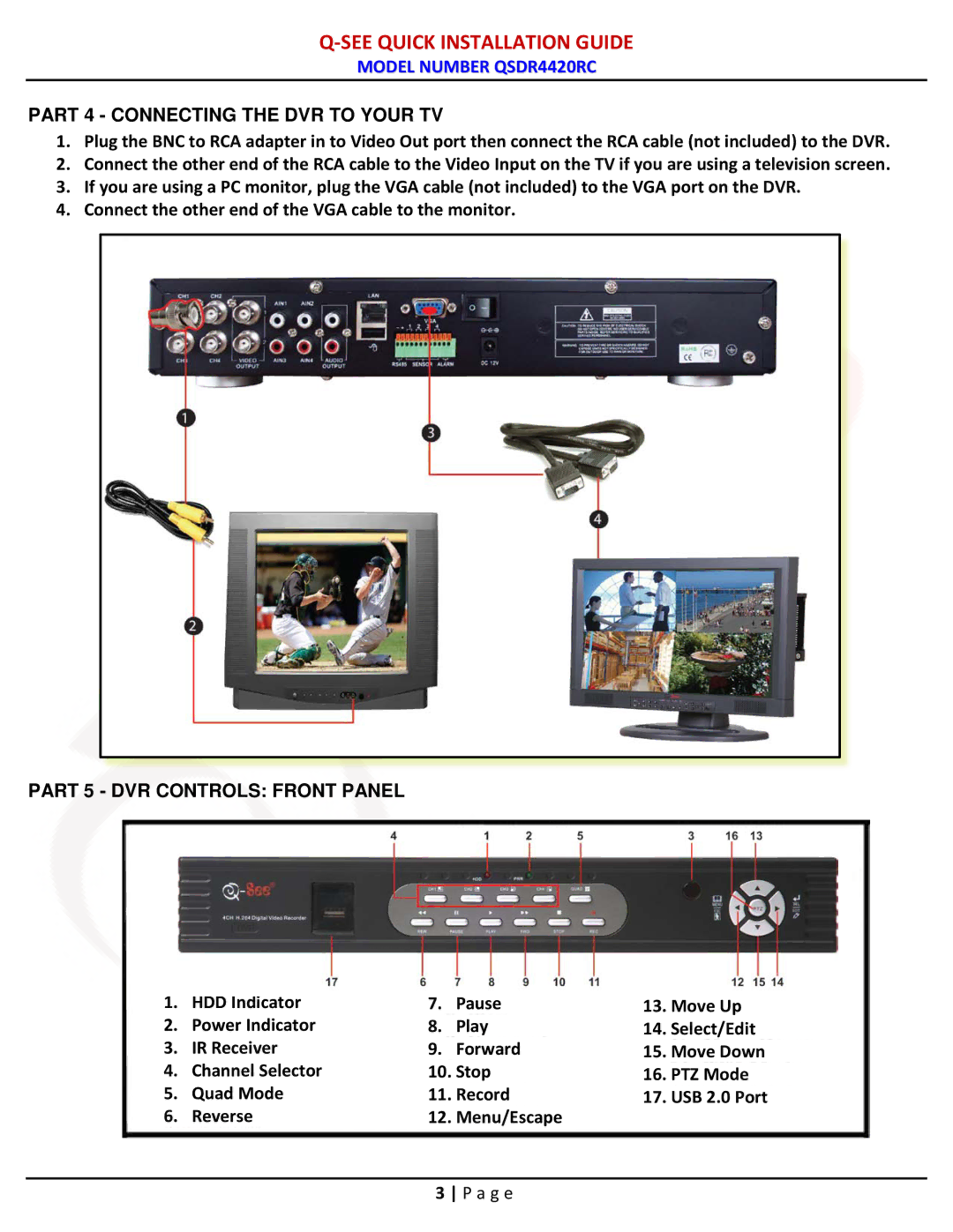 Q-See QSDR4420RC manual Part 4 Connecting the DVR to Your TV 