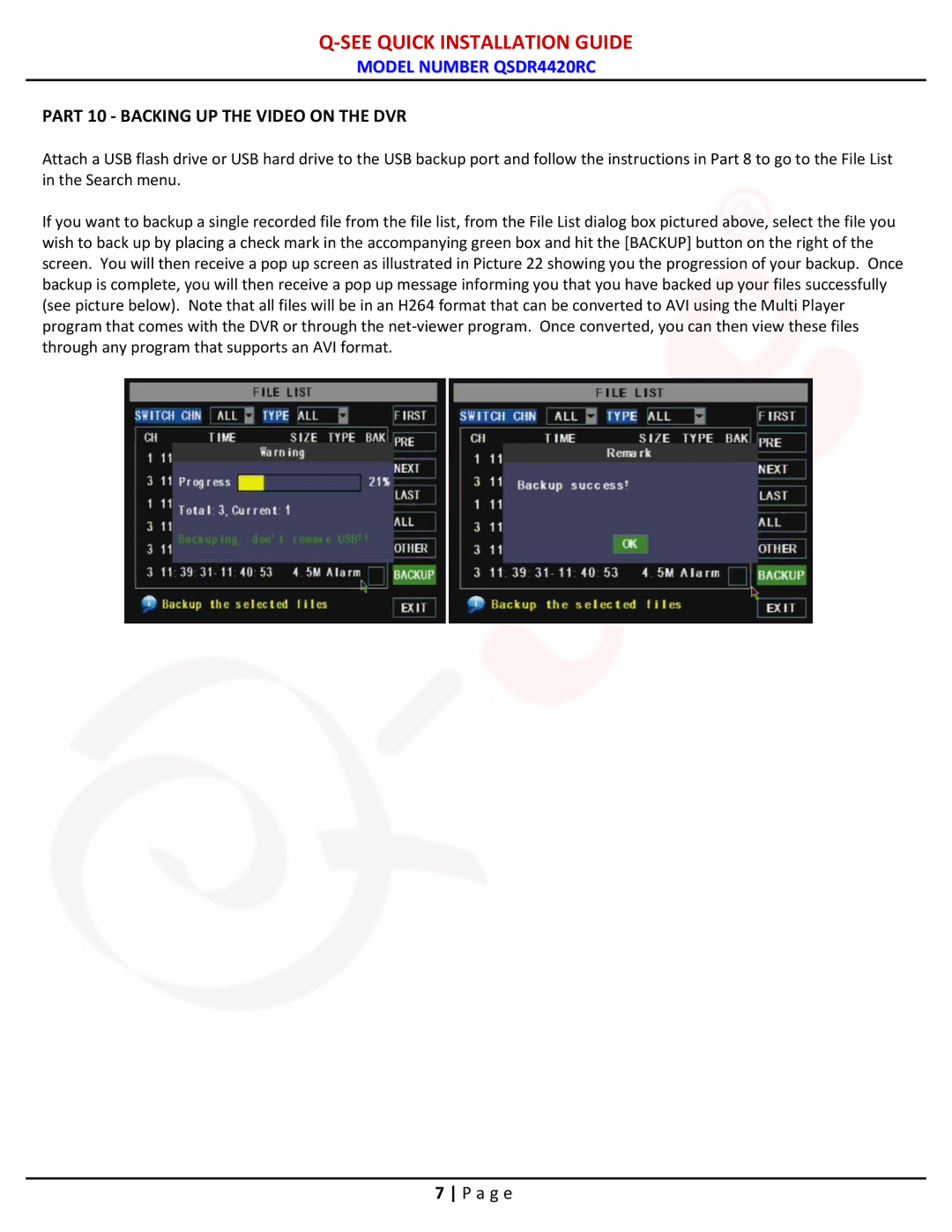 Q-See QSDR4420RC manual Part 10 Backing UP the Video on the DVR 