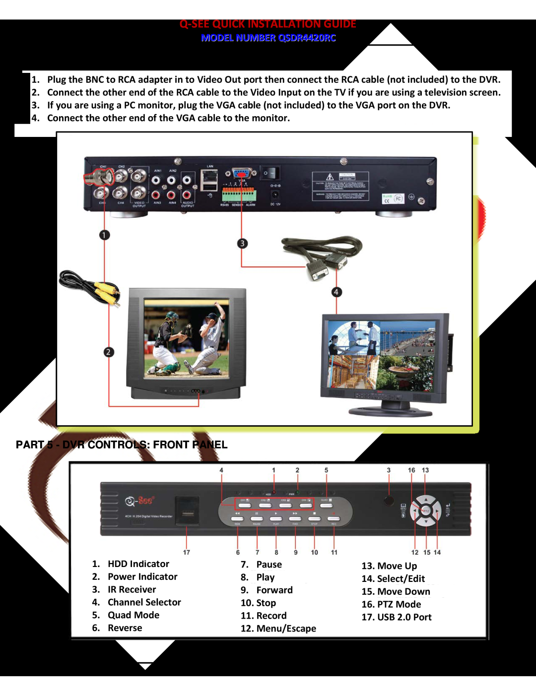 Q-See QSDR4420RC PART 4 - CONNECTING THE DVR TO YOUR TV, PART 5 - DVR CONTROLS FRONT PANEL, Q-See Quick Installation Guide 