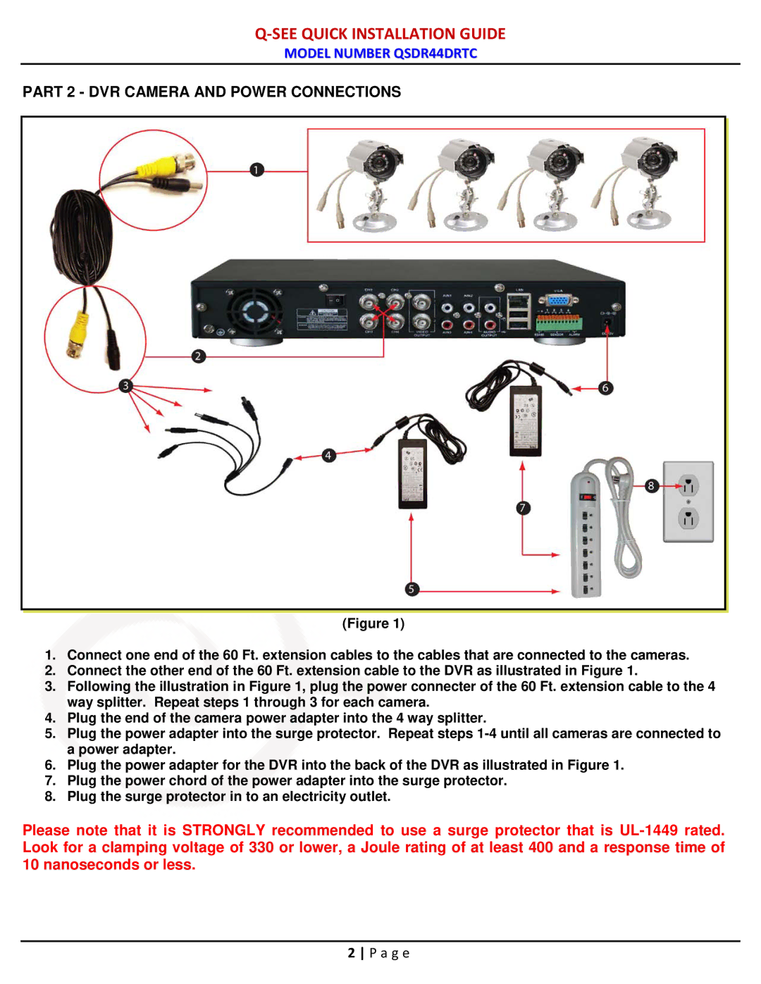 Q-See qsdr44drtc manual Part 2 DVR Camera and Power Connections 