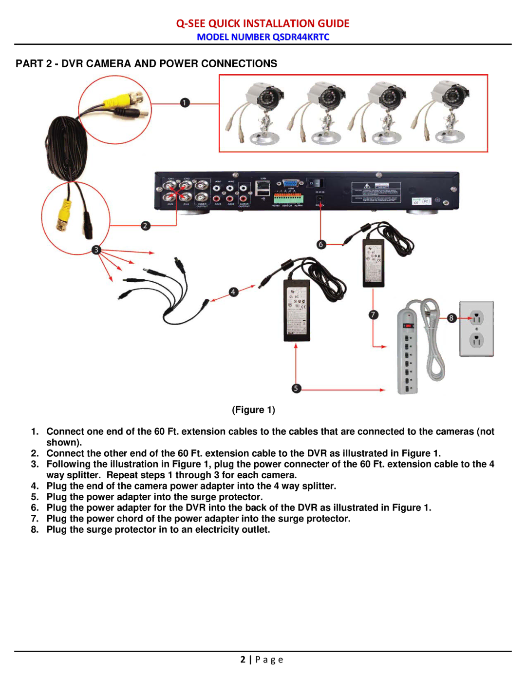 Q-See QSDR44KRTC manual Part 2 DVR Camera and Power Connections 