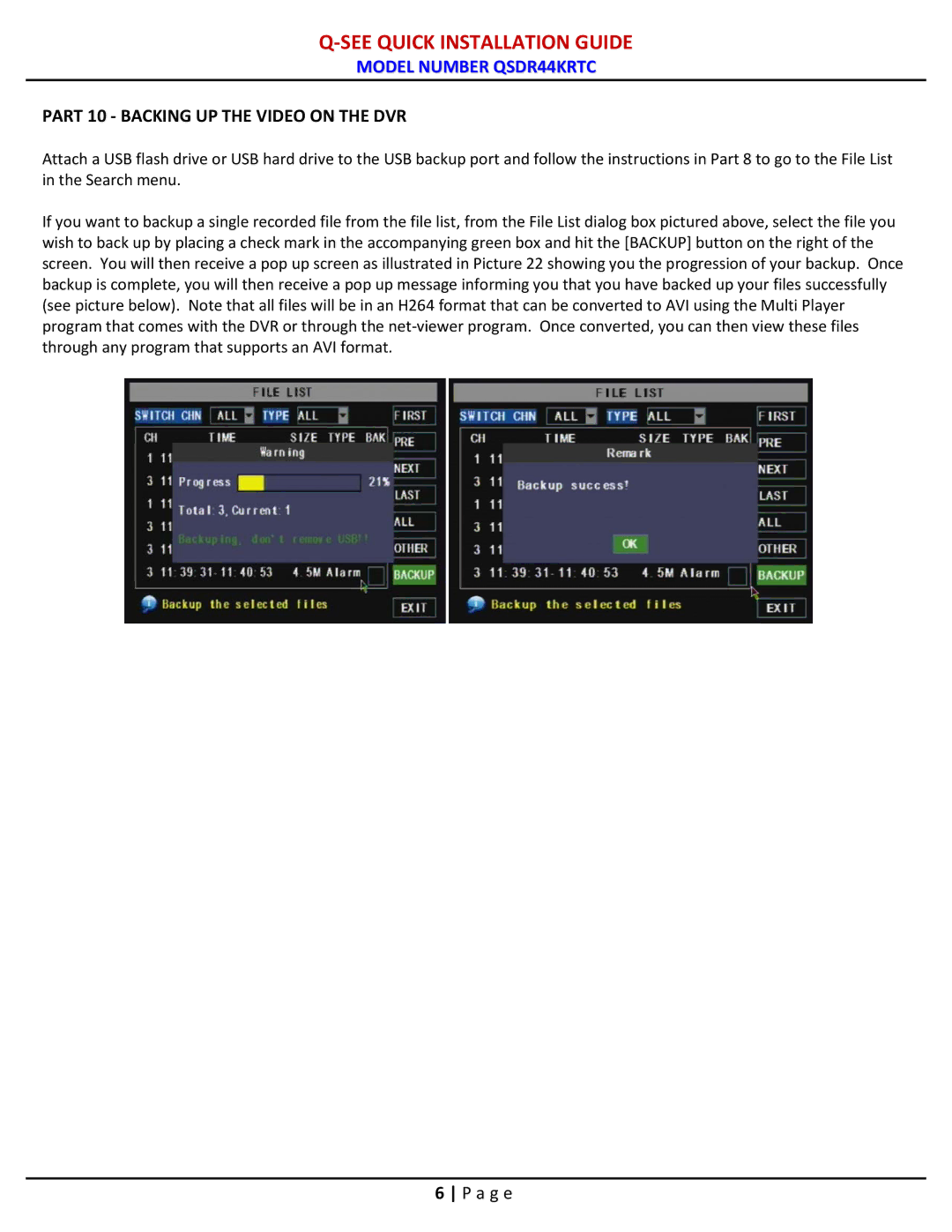 Q-See QSDR44KRTC manual Part 10 Backing UP the Video on the DVR 