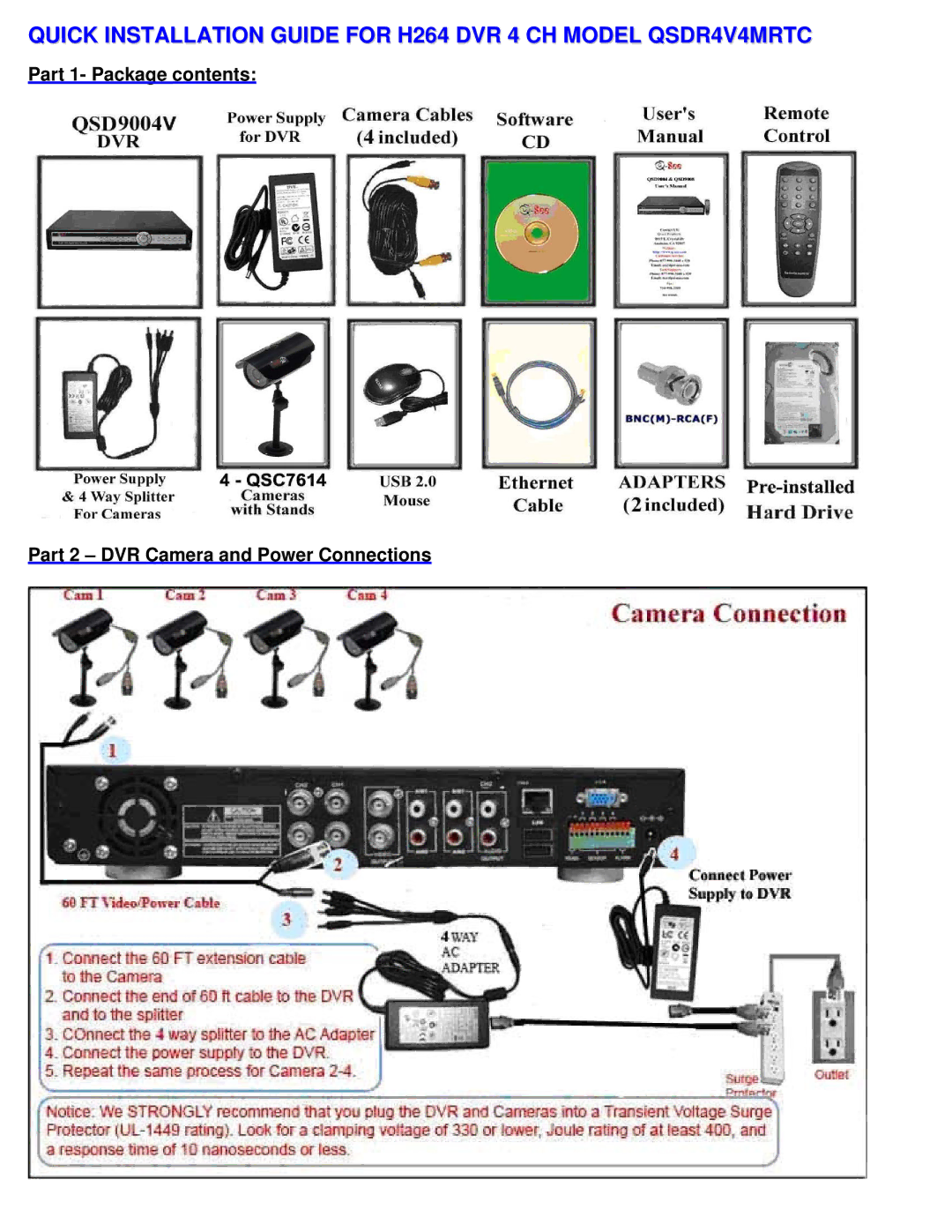 Q-See manual Quick Installation Guide for H264 DVR 4 CH Model QSDR4V4MRTC 