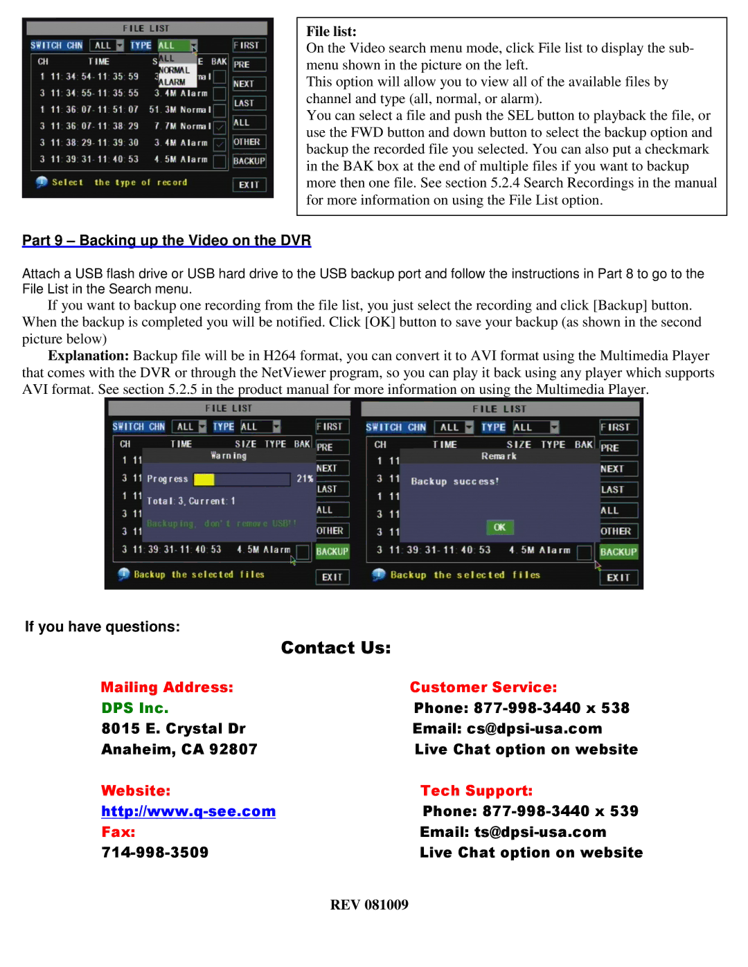 Q-See QSDR4V4MRTC manual File list, Part 9 Backing up the Video on the DVR, If you have questions, Rev 