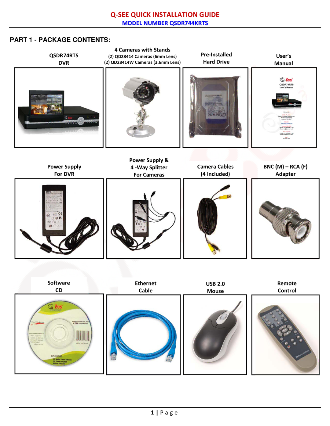 Q-See QSDR744KRTS manual See Quick Installation Guide, Part 1 Package Contents 