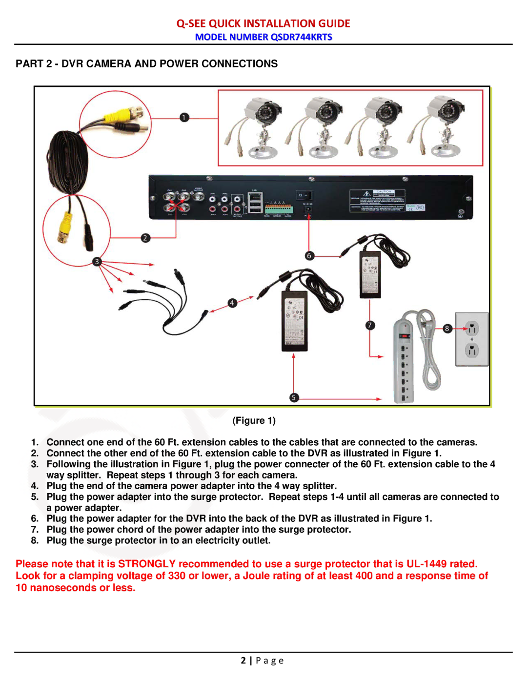 Q-See QSDR744KRTS manual Part 2 DVR Camera and Power Connections 