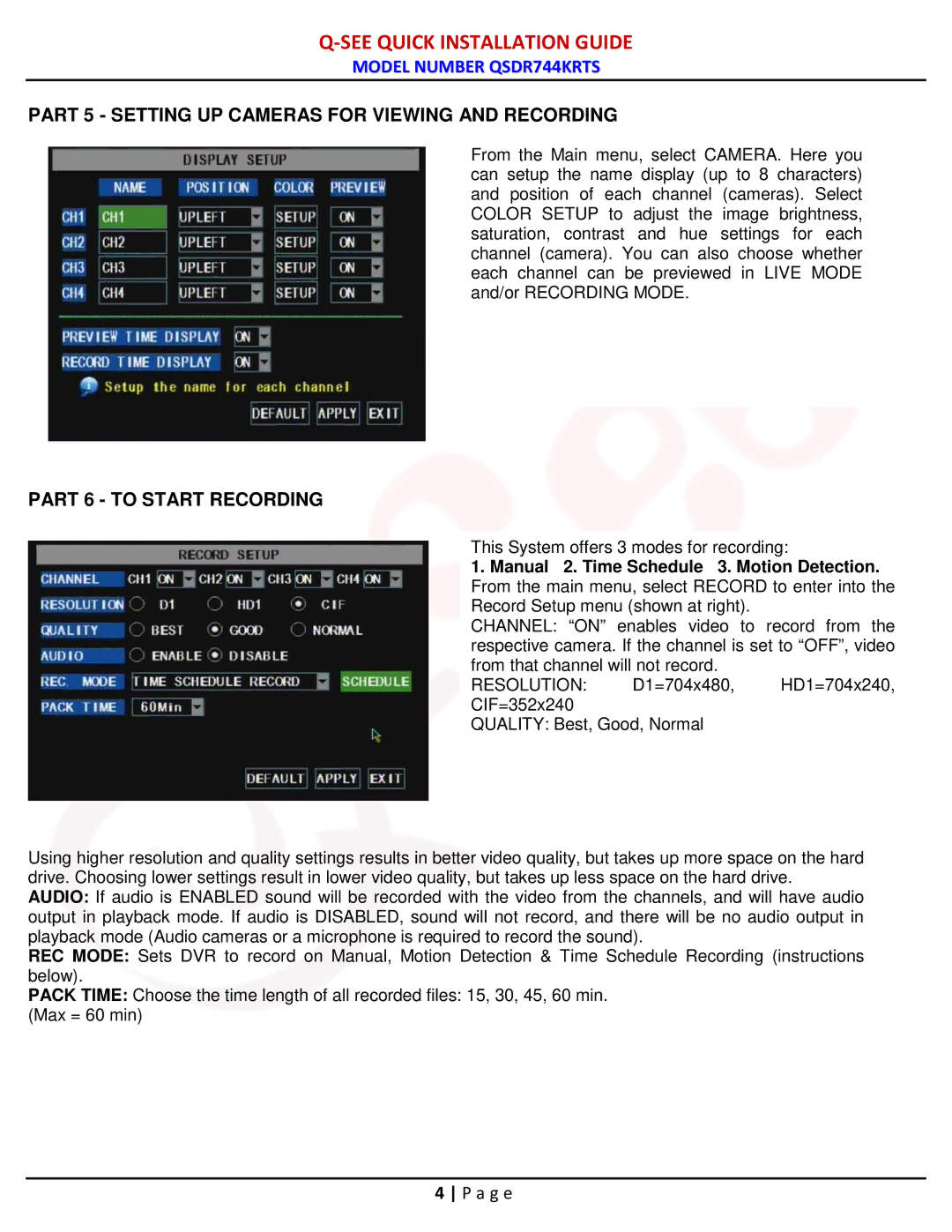 Q-See QSDR744KRTS manual Part 5 Setting UP Cameras for Viewing and Recording, Part 6 to Start Recording 